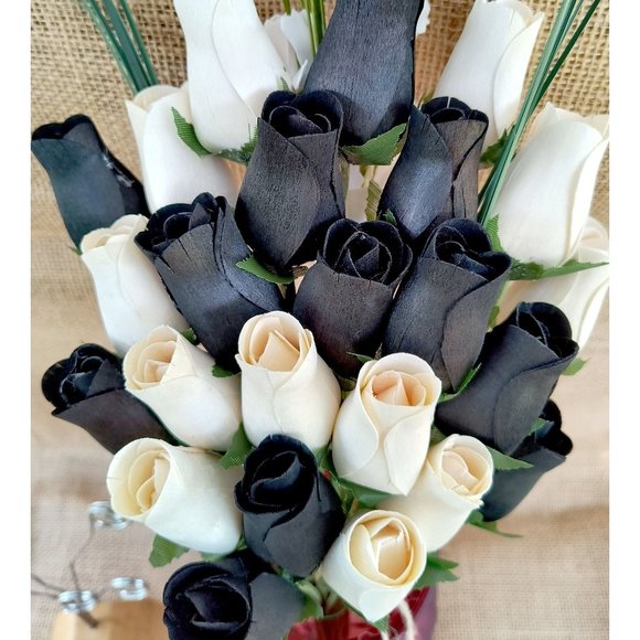 2 Dozen Black and White Wooden Rose Flower Bouquet. The Original Wooden Rose - Picture 4 of 8